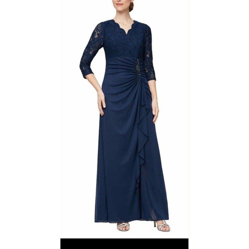 Alex Evenings Navy Blue Lace 3/4 Illusion Sleeve A-line Formal Gown Dress 16 - Picture 13 of 16